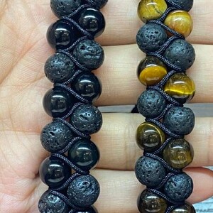Zysta Men's Leather Bracelet With Tiger Eye & Lava Stone - Double Layered Beaded Cuff - View #13