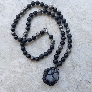 Raw Black Obsidian Pendant Necklace, Onyx Hematite Beaded Necklace,Nett Wrap Stone Healing Crystal Pendant unique,third eye chakra stability