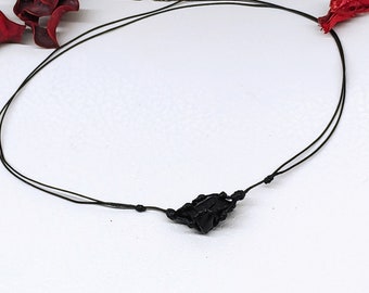 Natural Raw Black Obsidian Single Crystal Choker Necklace,Boho Choker, Obsidian Choker Tiny Raw Crystal Adjustable Thin Black Cord Necklace