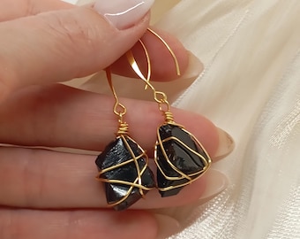Raw Black Obsidian Earrings: Gold Plated Stainless Steel, Natural Gemstone