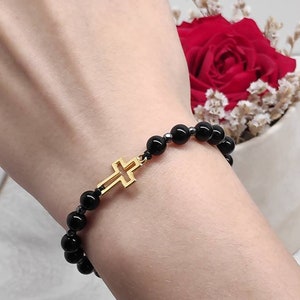 Black Onyx and  hematite Beads Adjustable Bracelet, Gold plated Cross, Christian, Religious,Believer Gift for woman Healing, protection
