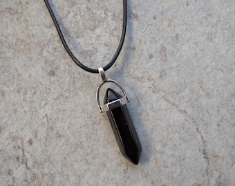 Black Obsidian Hexagonal Pendant Necklace: Adjustable Cord, protection, healing necklace