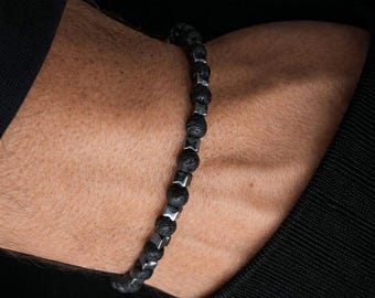 Bracciale da uomo in pietra lavica da 4 mm, perline di ematite, catena regolabile, bracciale nero minimalista