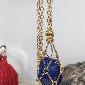Lapis lazuli Necklace, Metal Cage Crystal Holder Pendant Necklace, Natural Lapis Pendant, Gemstone,Protection Healing, lapis Jewelry