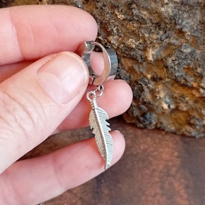 Può includere: Orecchino color argento con un ciondolo a forma di piuma. L'orecchino è a cerchio con chiusura a cerniera. Il ciondolo a forma di piuma è dettagliato con linee incise, che gli conferiscono un aspetto realistico. Lo sfondo è strutturato.