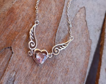 Purple Zircon Heart Angel Wings link chain Necklace, sterling silver, love charm trendy bohemian, gift for women