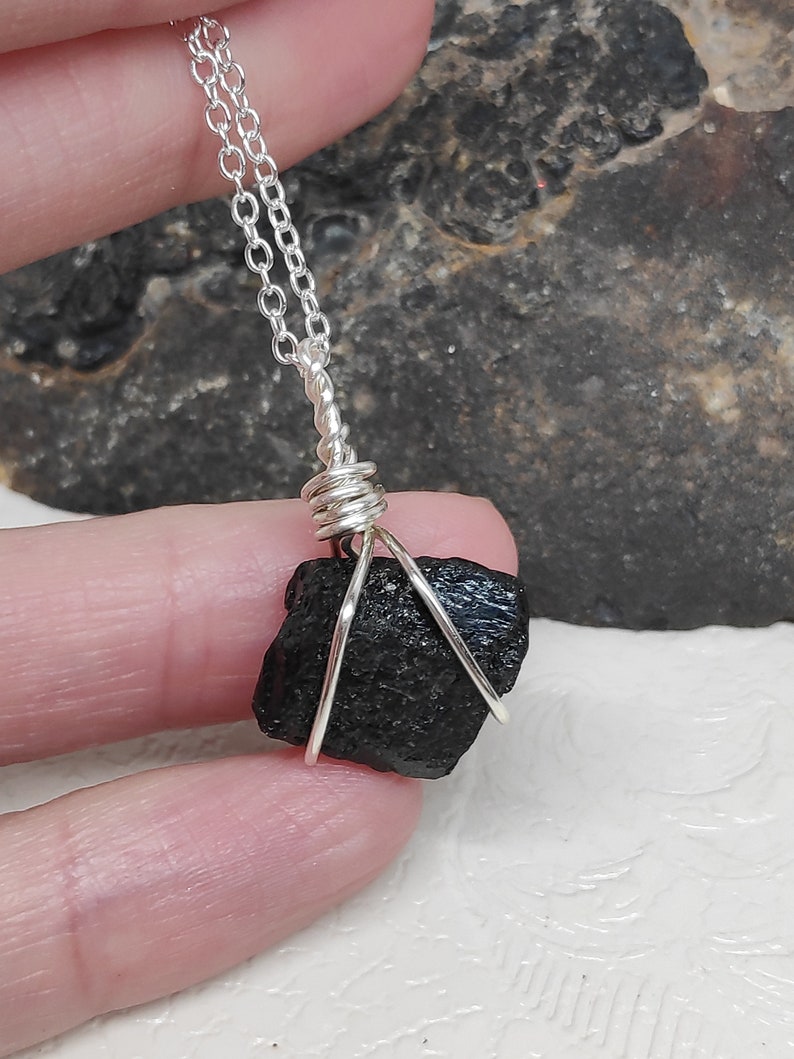 Raw Natural Black Brazilian Tourmaline Necklace, Wire Wrap, Protection Grounding Healing Crystal Pendant, Gemstone image 3