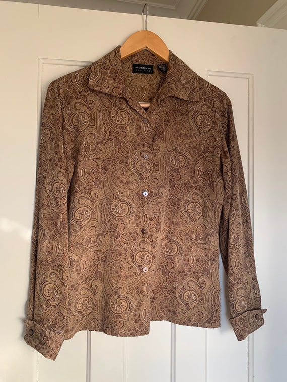 90’s Liz Claiborne Brown Paisley Blouse with Frenc