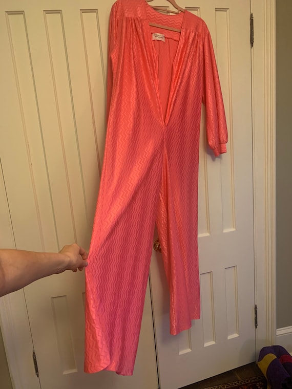 Vtg Hot Pink Chevron Loungewear Jumpsuit