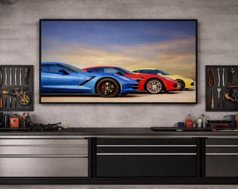 C7 Corvette Wall Art – Red Blue Yellow Corvette Print for Garage Decor