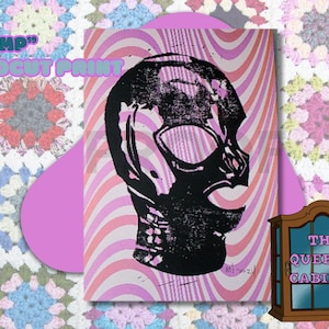 Psychedelic Gimp Mask Print – Trippy Latex Linocut, Queer Fetish Wall Art, Alt Kink Room Decor