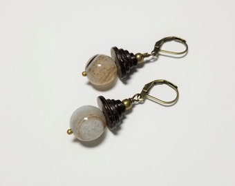 Earrings: Coffee Stripe Agate with Coconut in Bronze
