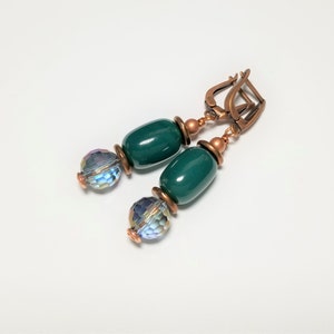 Earrings: Green Agate and Purple Crystal in Copper