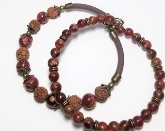 Bracelet: Burgundy Jasper & Rudraksha in Bronze