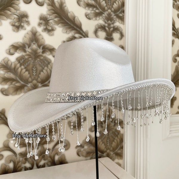 Sparkly Space Cowboy Hat with Rhinestone Fringe, Holographic Bling Western Cowgirl Hat for Disco Party Music Dress Up