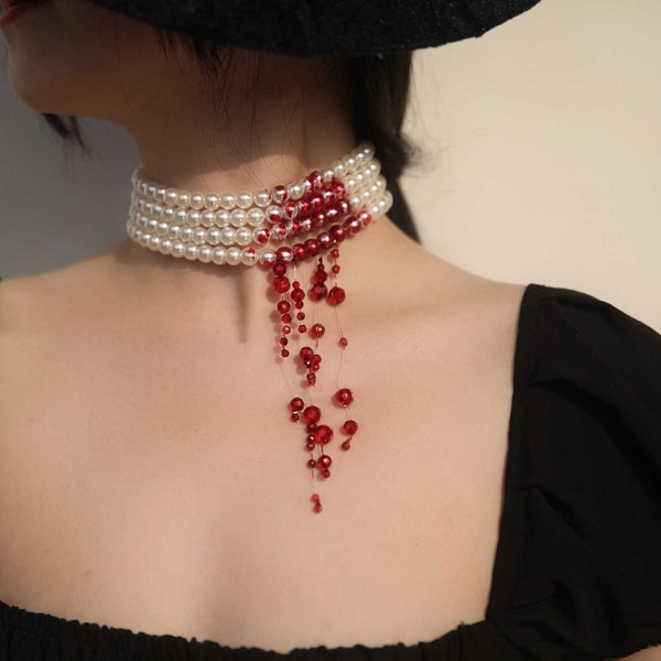 Pearl Choker,Bloody pearl necklace,bloody choker,handmade jewellery,pearl necklace,horror jewellery, Halloween,gothic,cosplay,Dress jewelry