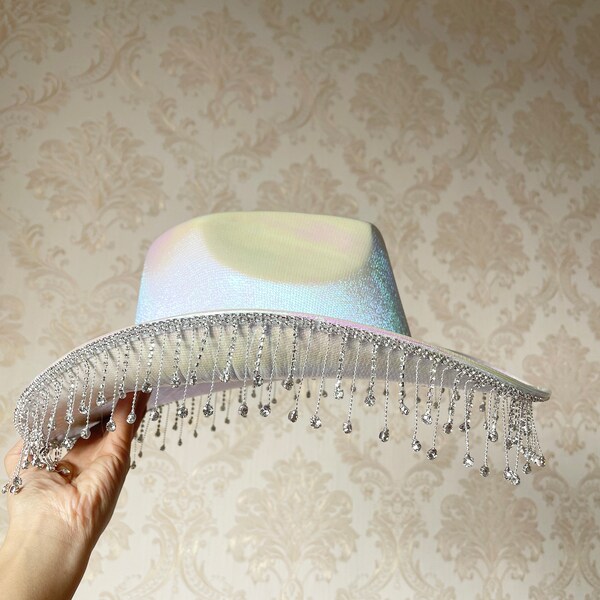 8932 Glitter Rhinestone White Cowgirl Hat Shiny Western Cowboy Hat Rhinestone Cowgirl Hat. Full Sheet + Rim on Brim Edge  main image 4
