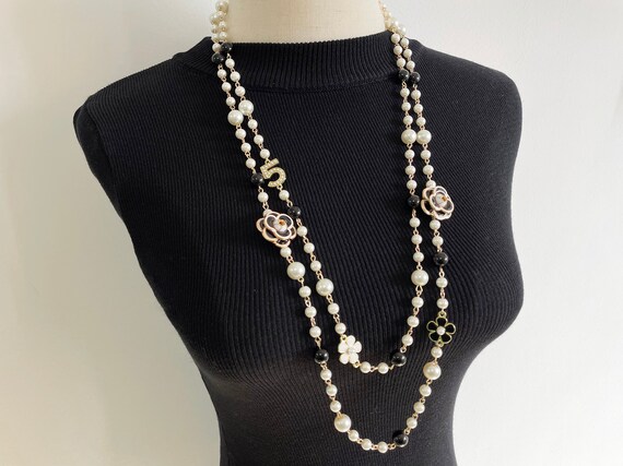 Long Camellia Pearl Necklace for Women Double Layer Collane Lunghe