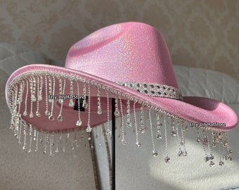 Pink Cowgirl Hat ,Sparkly Space Cowboy Hat with Rhinestone Fringe, Holographic Bling Western Cowgirl Hat for Disco Party Music Dress Up