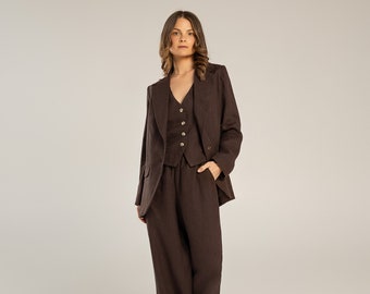 Linen 3 piece set  OCEAN, natural linen set for women, Linen clothing, linen suit , set of pants vest and jacket, chocolate color