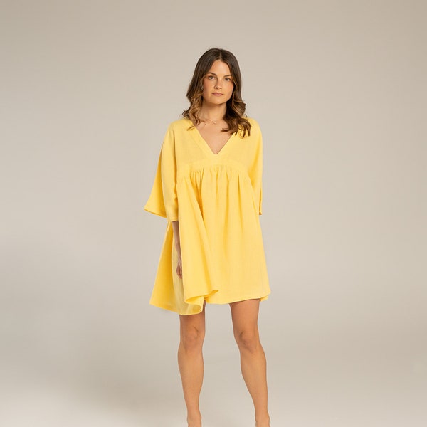 Robe ample en lin | Robe en lin à manches longues | Robe d'été en lin | Mini robe blanche | Robe à manches larges | Vêtements en lin