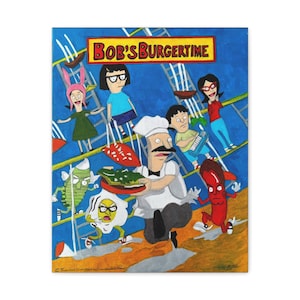 Puede incluir: Una pintura colorida con personajes de la serie animada "Bob's Burgers". La obra muestra a Bob Belcher sosteniendo una fuente de comida, rodeado de otros personajes y el texto "Bob's Burgertime" en la parte superior. El fondo es azul con detalles amarillos y blancos.