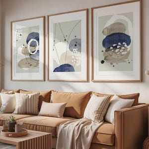 Abstract Blue & Beige Wall Art Set – Modern Neutral Print Trio, Watercolor Style, Physical Prints