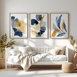 Blue Gold Abstract Botanical Wall Art Set of 3 | Modern Minimalist Leaf Prints | Contemporary Living Room Decor