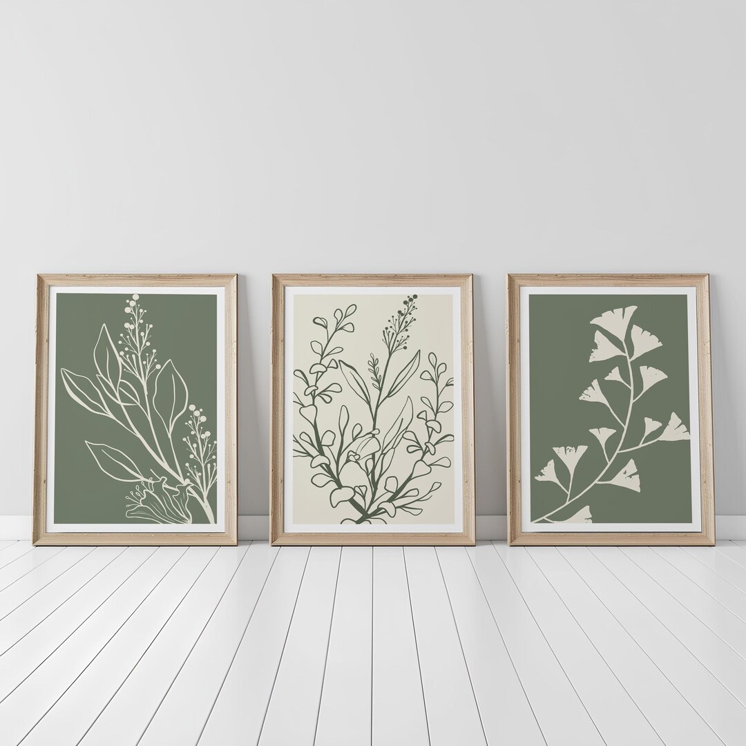 Minimalist Botanical Line Art Set of 3 | Sage Green Modern Wall Prints ...