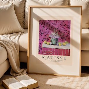 Matisse Style Still Life with Lemons Print – Bold Pink Wall Art, Modern Floral & Fruit Painting Reproduction, Colorful Kitchen Decor