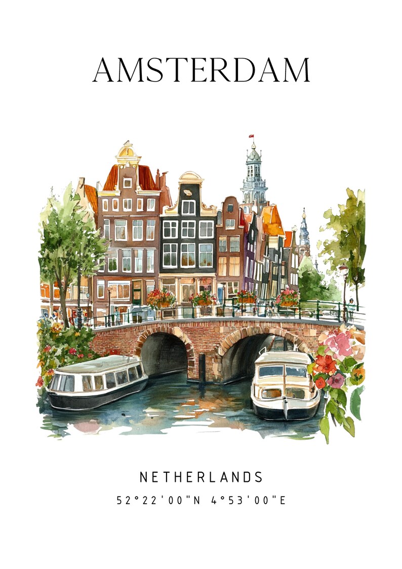 Amsterdam Canal Houses Watercolor Travel Poster – Netherlands Wall Art ...