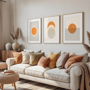 Mid Century Modern Geometric Wall Art Set – Orange & Black Abstract Prints – Minimalist Boho Home Decor – Set of 3 Unframed Posters