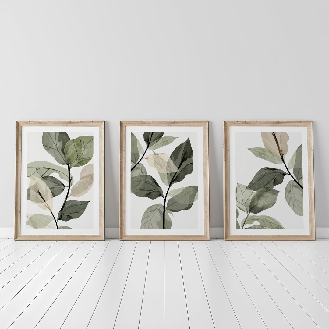 Neutral Botanical Wall Art Set of 3 – Watercolor Green Leaf Prints ...