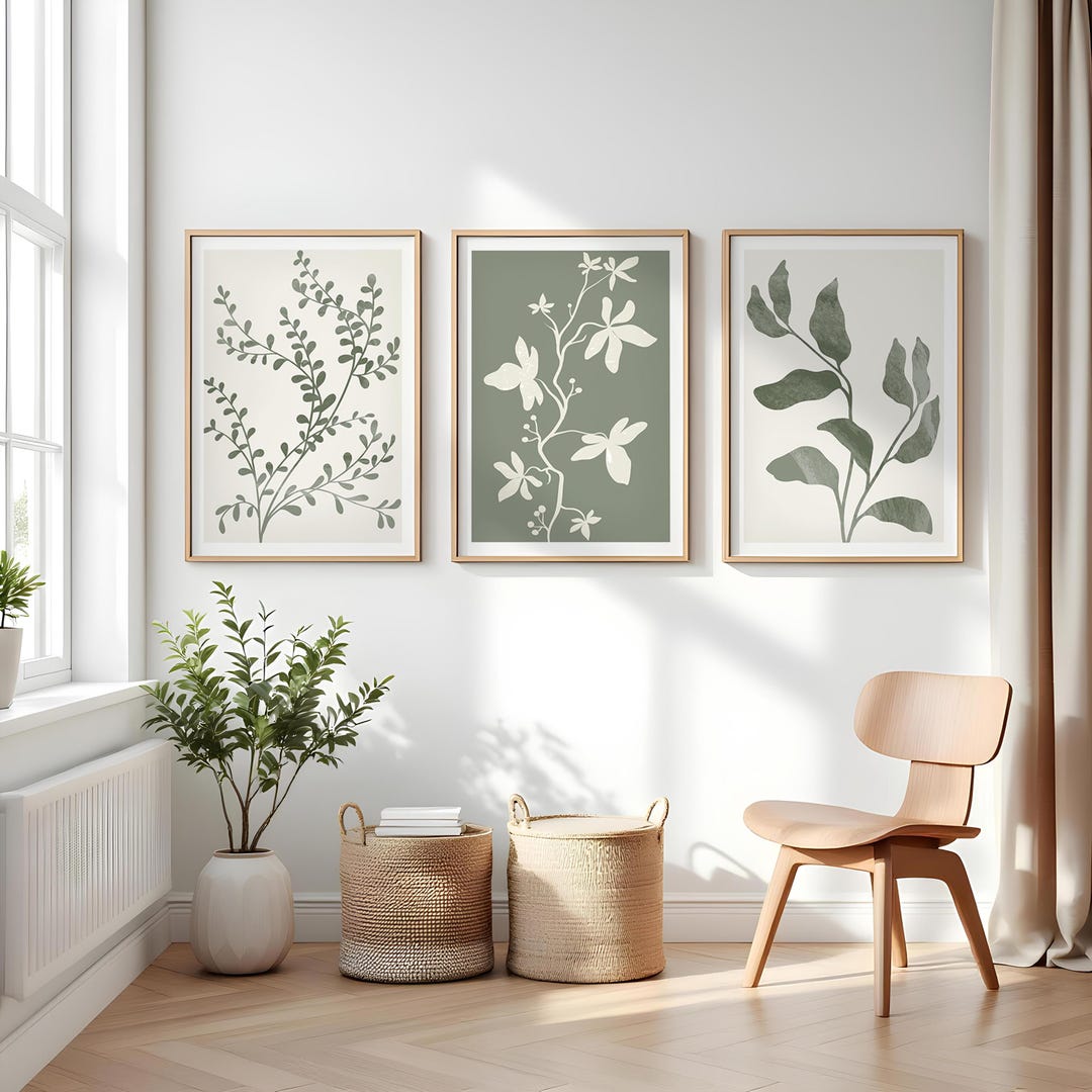 Sage Green Botanical Wall Art Set | Minimalist Plant Prints | Modern ...