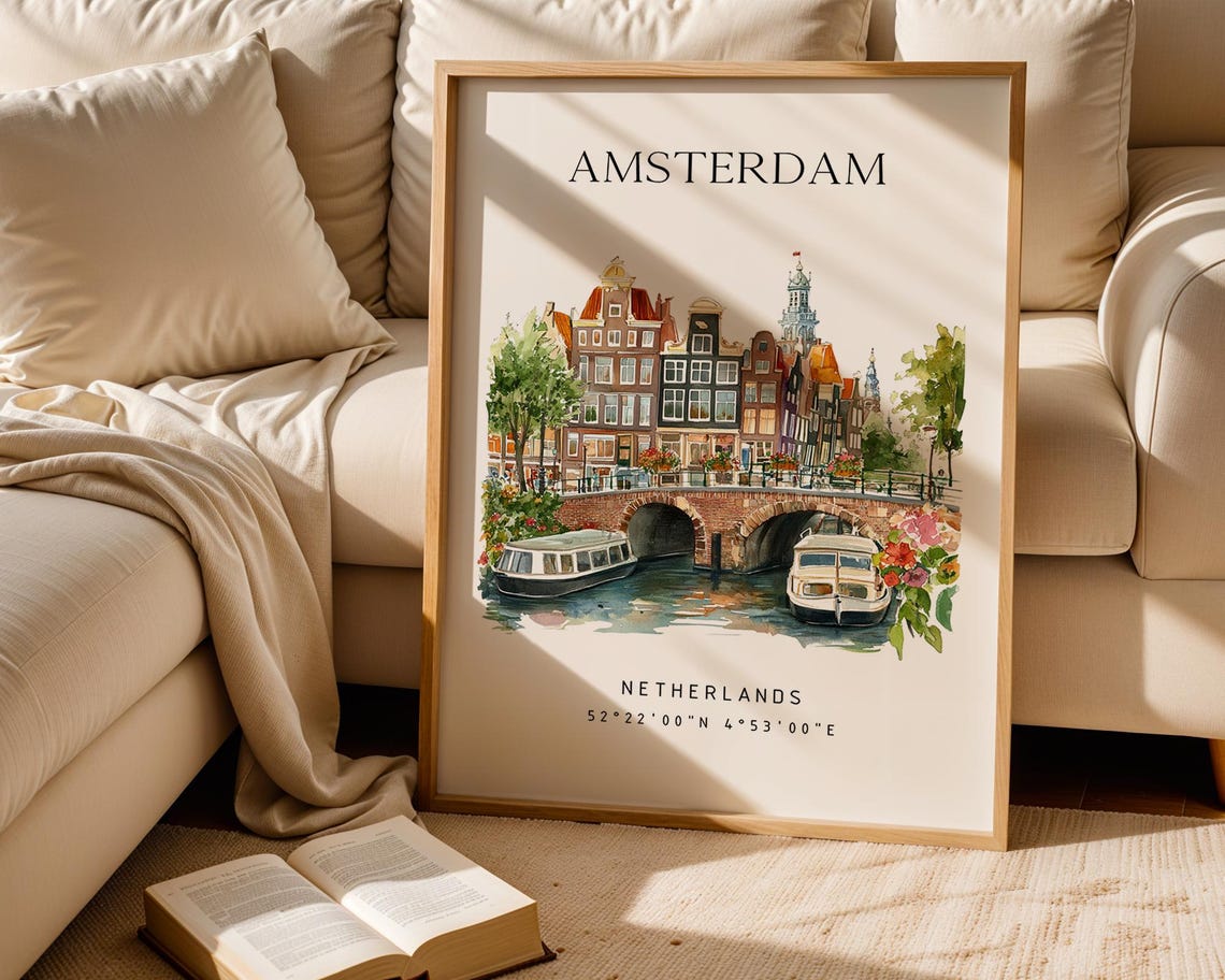 Amsterdam Canal Houses Watercolor Travel Poster – Netherlands Wall Art ...
