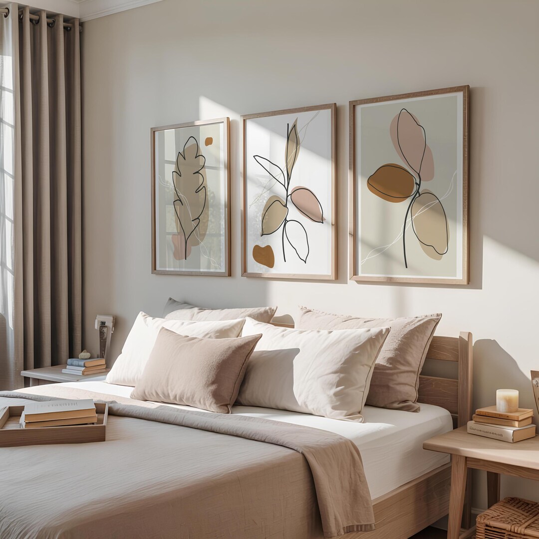 Boho Botanical Line Art Print Set of 3 – Neutral Beige Abstract Wall ...