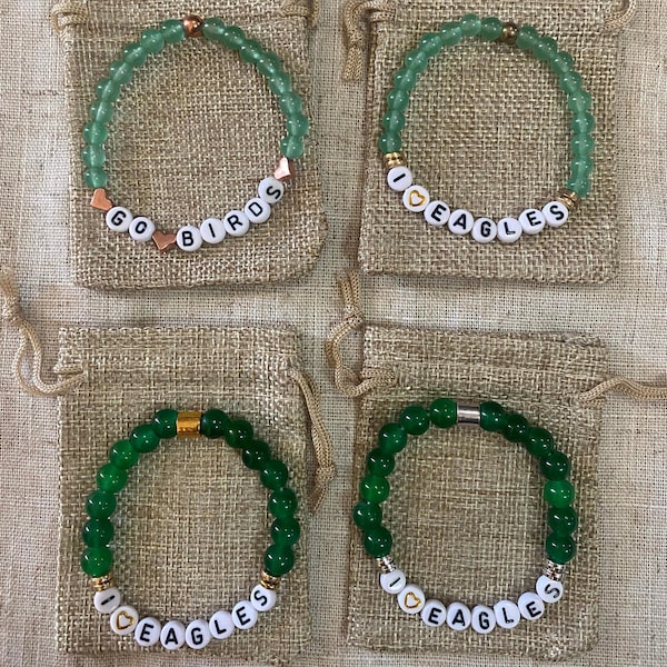 I Love Eagles Gemstone Bracelet | Go Birds | Philly Football Bracelet | Eagles Gift | Football Bracelet | Philly Fan | Philly | Kelly Green