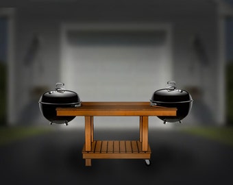 May include: Two black charcoal grills on a wooden stand with a lower shelf. The stand has wheels.