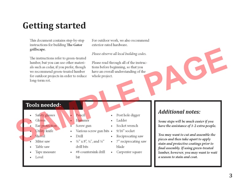 Image of a sample page from these downloadable assembly instructions. Tool list page.
