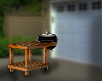 May include: A wooden table with a black charcoal grill on top. The table has two shelves and wheels. The grill has a lid and a handle.