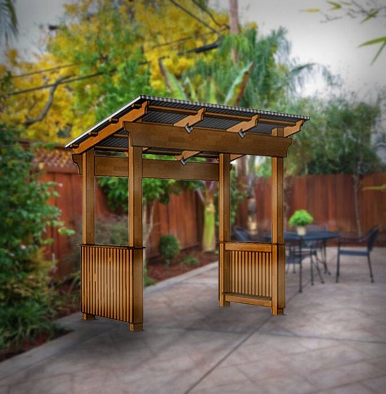 Digital rendering of the pergola/grill shelter that you can build with these downloadable plans, on a digital patio. Wood beam construction with slated half-walls on sides, an angled roof with wood beams with decorative ends. Metal roof covering.