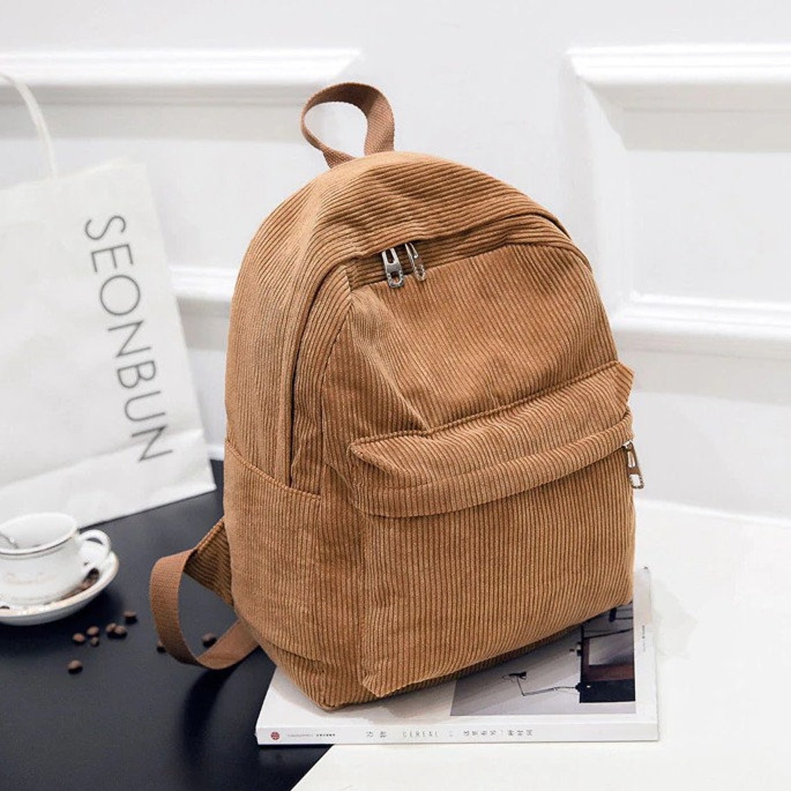 Corduroy Backpack Retro Solid Color Casual Daypack Shoulder Etsy