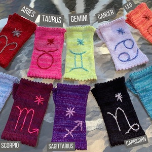 Hand Embroidered Astrological Sign Fingerless Glove and Horoscope Notebook Sets - Handmade Recycled Cashmere and Handbound Tarot Notebooks