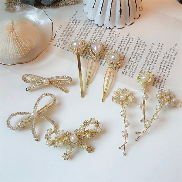 Vintage boho bridal wedding hair pins, hair accessories, gold pins, pearl hair pins , pearl bobby pins, flower hair vine, pearls hair vine