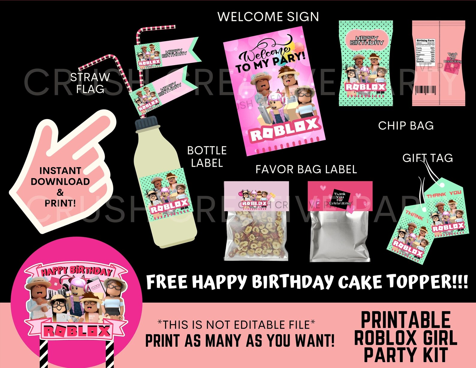 Printable Roblox Girl party kit Roblox Girl party supply | Etsy