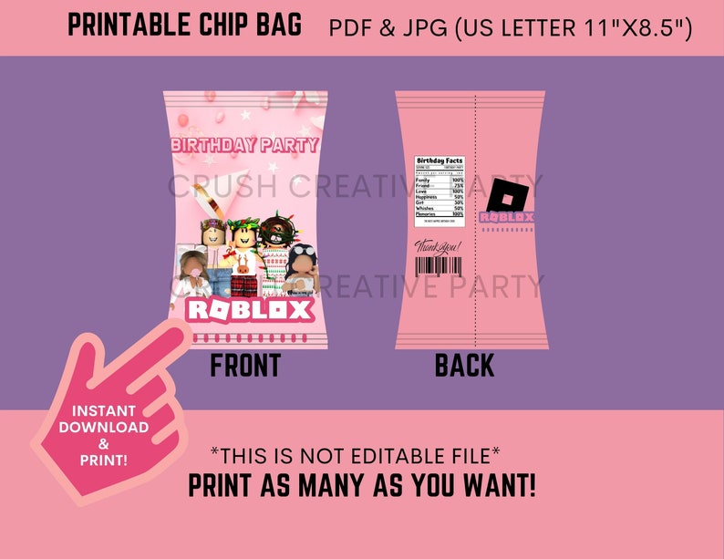 Roblox Chip Bag Roblox Party Kit Roblox Party Supply Roblox Etsy - gravity falls roblox