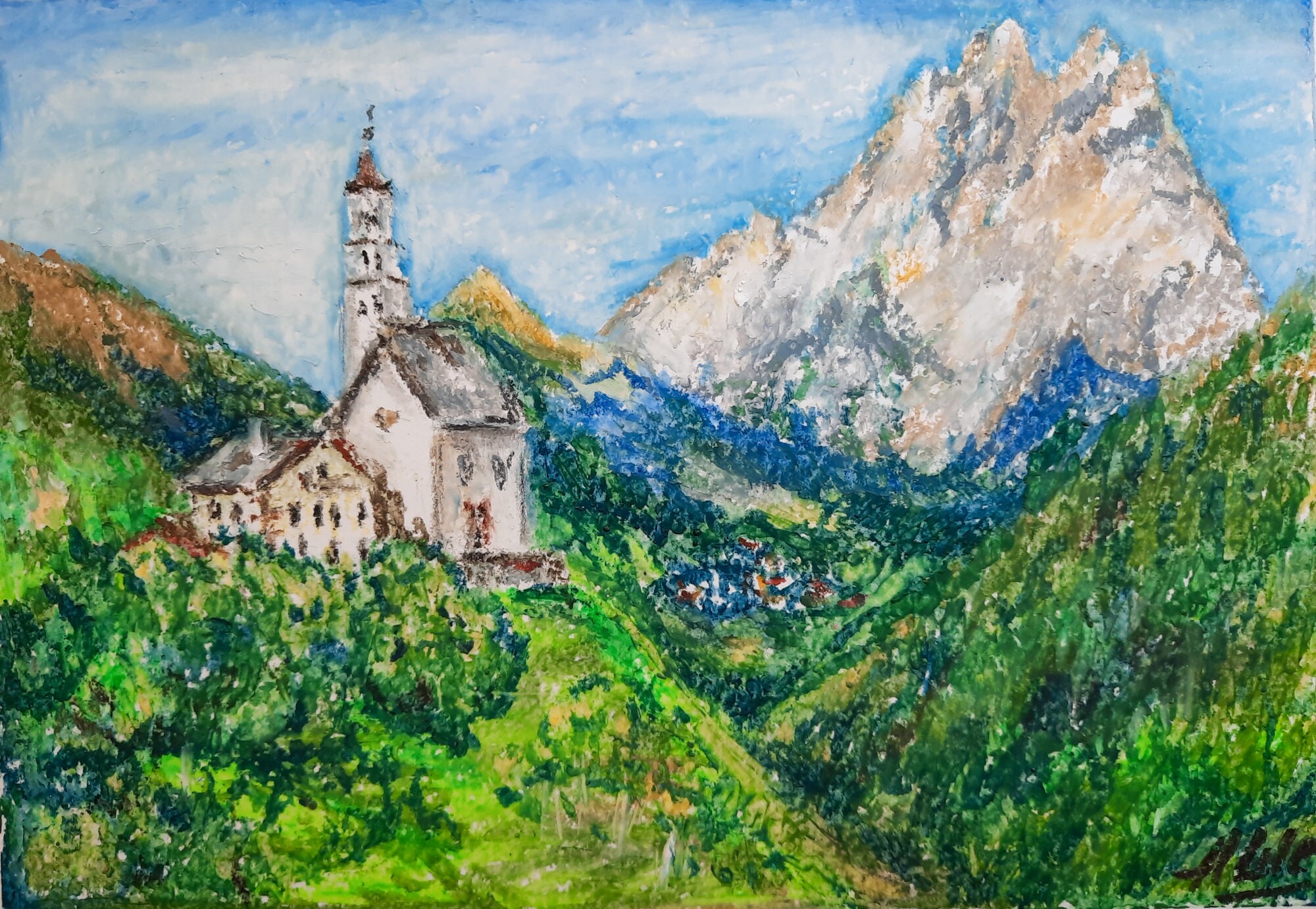 Mountain church Mountain house art Oil pastel painting Etsy