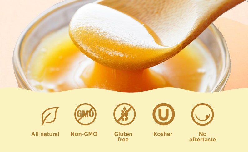 May include: A close-up of a wooden spoon scooping golden honey from a glass bowl. The honey is thick and viscous, and the spoon is dripping with honey. The image includes text that reads "All natural", "Non-GMO", "Gluten free", "Kosher", and "No aftertaste".