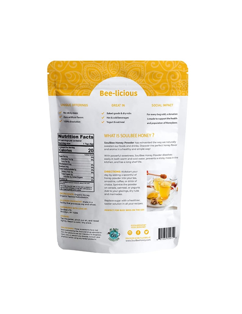 May include: A white resealable pouch with a yellow and orange design. The pouch contains SoulBee Honey Powder, a natural sweetener made with organic honey. The back of the pouch includes nutritional information, directions for use, and information about the product's social impact.