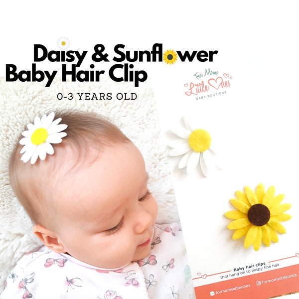 Daisy Sunflower felt Baby girl hair bow for fine wispy hair, mini snap clip for toddler, baby hair accessories for flower birthday parties